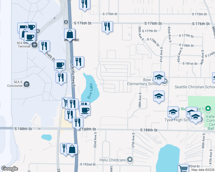 map of restaurants, bars, coffee shops, grocery stores, and more near 3219 South 183rd Street in Seattle