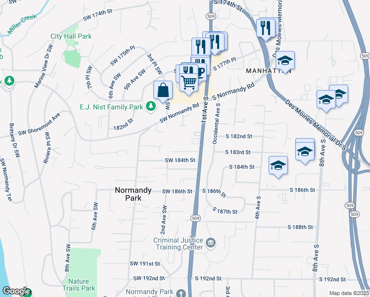 map of restaurants, bars, coffee shops, grocery stores, and more near 18243 1st Avenue South in Burien
