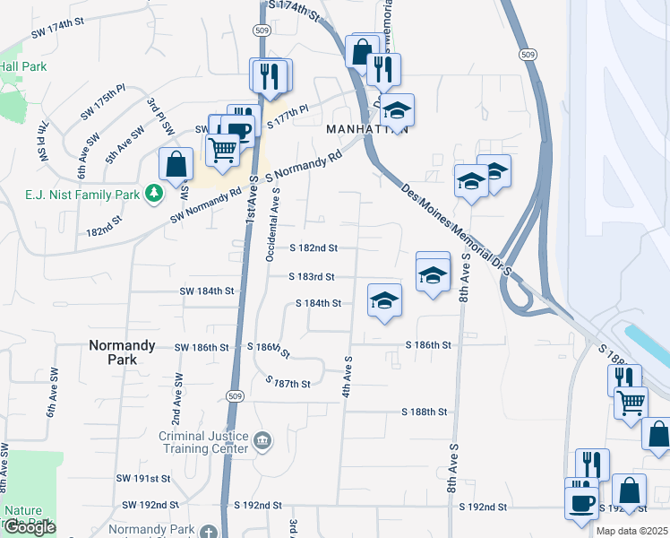 map of restaurants, bars, coffee shops, grocery stores, and more near 244 South 183rd Street in Burien