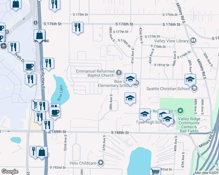 map of restaurants, bars, coffee shops, grocery stores, and more near 18231 38th Avenue South in SeaTac