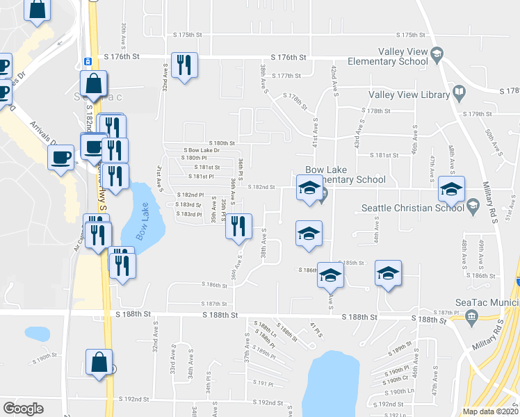 map of restaurants, bars, coffee shops, grocery stores, and more near 18231 38th Avenue South in SeaTac