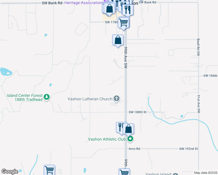 map of restaurants, bars, coffee shops, grocery stores, and more near 10023 Southwest 184th Way in Vashon