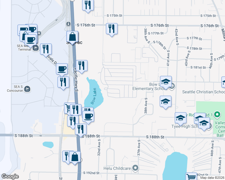 map of restaurants, bars, coffee shops, grocery stores, and more near 3219 South 183rd Street in Seattle