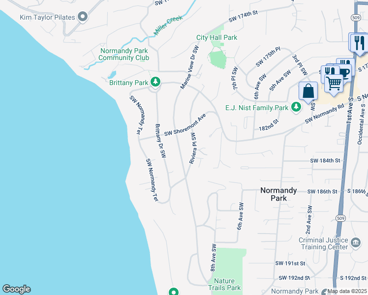 map of restaurants, bars, coffee shops, grocery stores, and more near 18132 Marine View Drive Southwest in Normandy Park