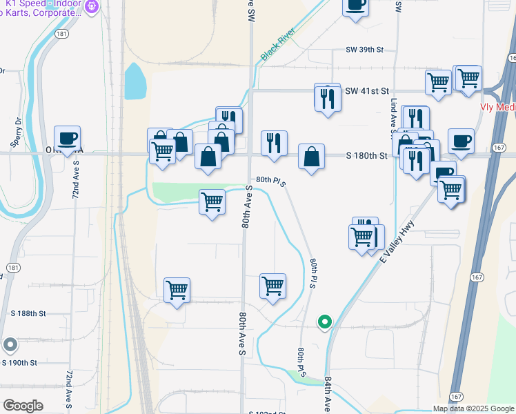 map of restaurants, bars, coffee shops, grocery stores, and more near 18202 80th Avenue South in Kent