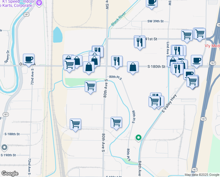 map of restaurants, bars, coffee shops, grocery stores, and more near 18202 80th Avenue South in Kent
