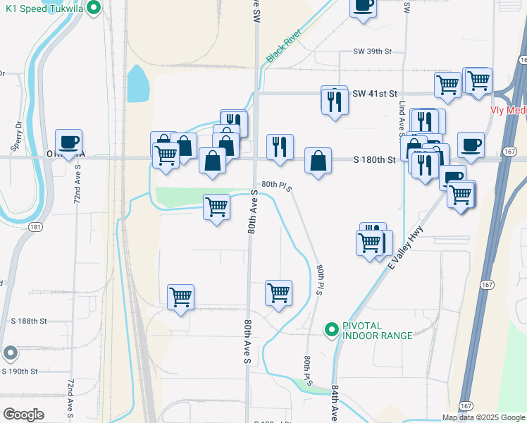 map of restaurants, bars, coffee shops, grocery stores, and more near 18202 80th Ave S in Kent