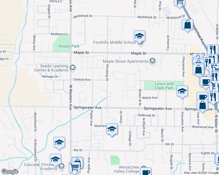 map of restaurants, bars, coffee shops, grocery stores, and more near 1201 Pershing Street in Wenatchee