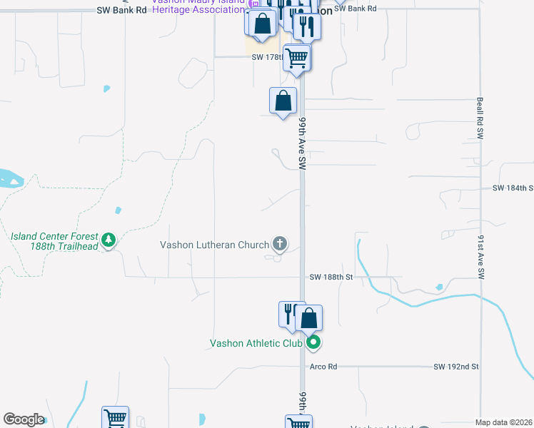 map of restaurants, bars, coffee shops, grocery stores, and more near 10023 Southwest 184th Way in Vashon