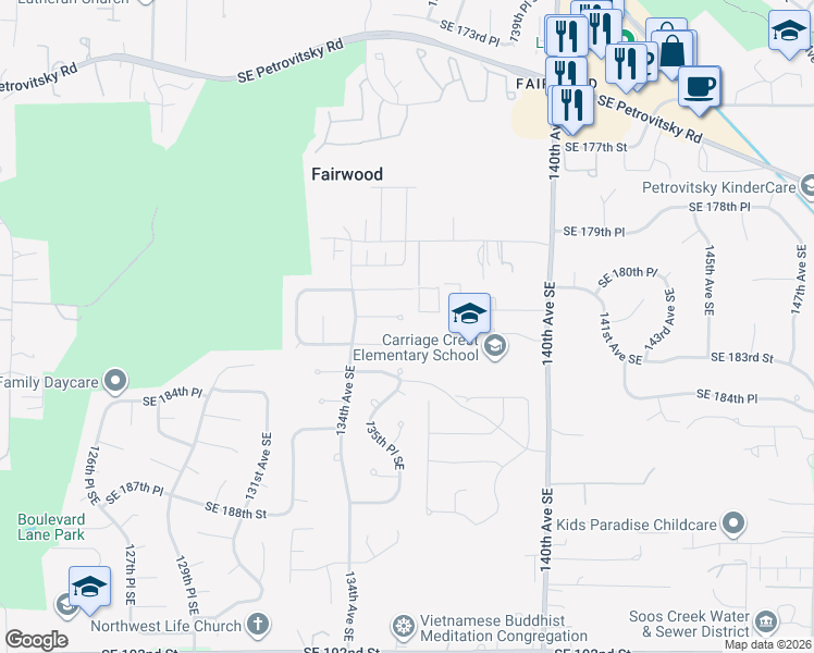 map of restaurants, bars, coffee shops, grocery stores, and more near 13437 Southeast 182nd Street in Renton