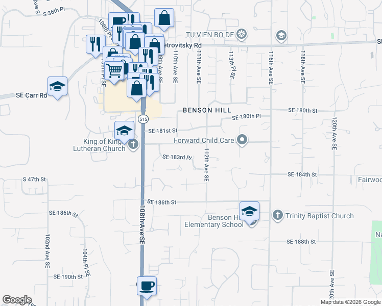 map of restaurants, bars, coffee shops, grocery stores, and more near 11020 Southeast 183rd Place in Renton