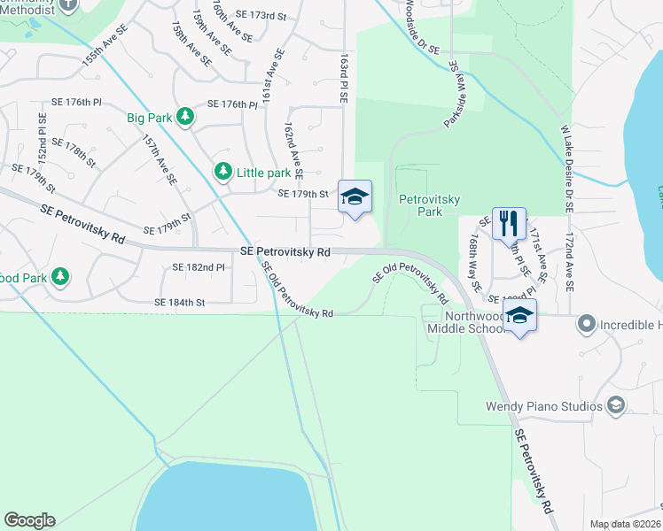 map of restaurants, bars, coffee shops, grocery stores, and more near 16303 Southeast Petrovitsky Road in Renton