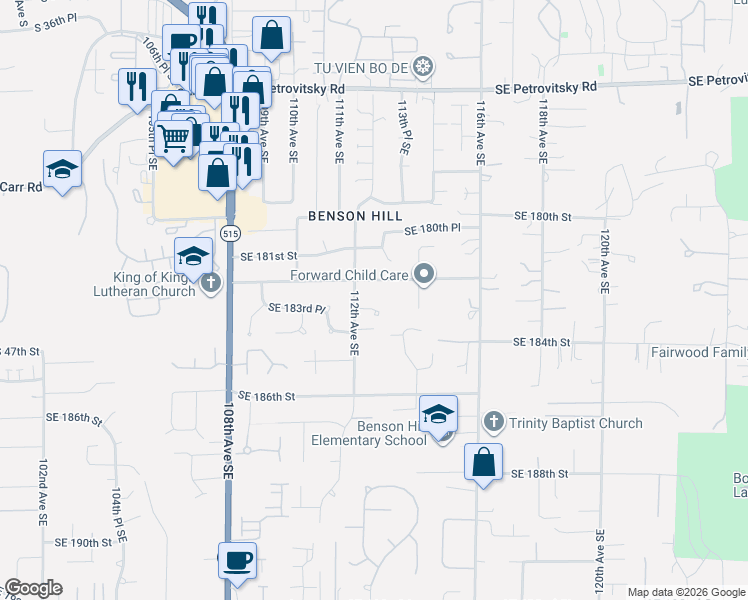 map of restaurants, bars, coffee shops, grocery stores, and more near 11204 Southeast 183rd Street in Renton