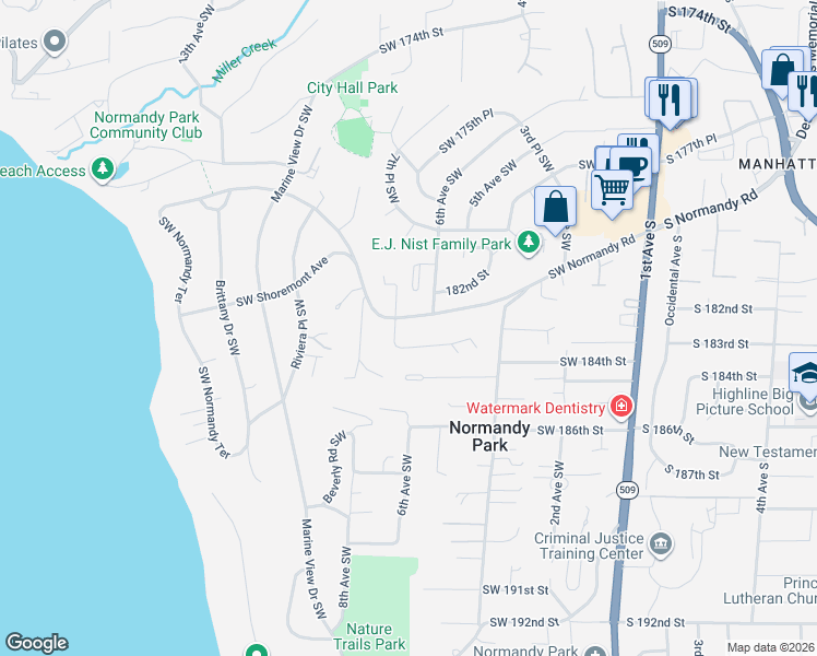 map of restaurants, bars, coffee shops, grocery stores, and more near 703 Southwest Normandy Road in Normandy Park