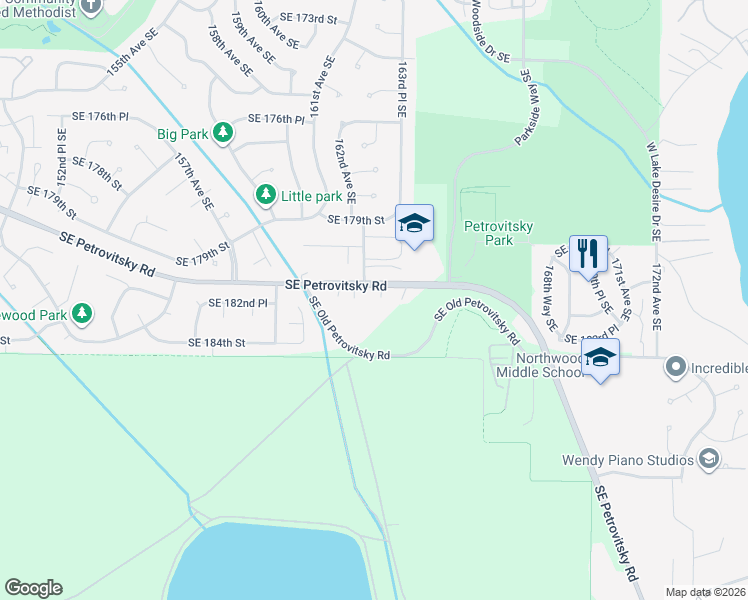 map of restaurants, bars, coffee shops, grocery stores, and more near 16303 Southeast Petrovitsky Road in Renton