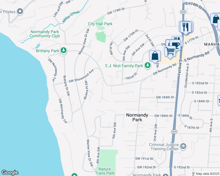 map of restaurants, bars, coffee shops, grocery stores, and more near 703 Southwest Normandy Road in Normandy Park