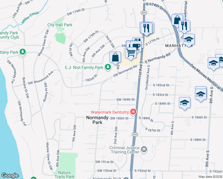 map of restaurants, bars, coffee shops, grocery stores, and more near 230 Southwest 183rd Street in Normandy Park