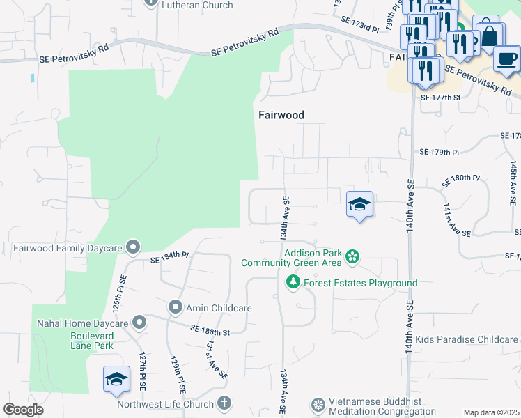 map of restaurants, bars, coffee shops, grocery stores, and more near 18218 133rd Avenue Southeast in Renton