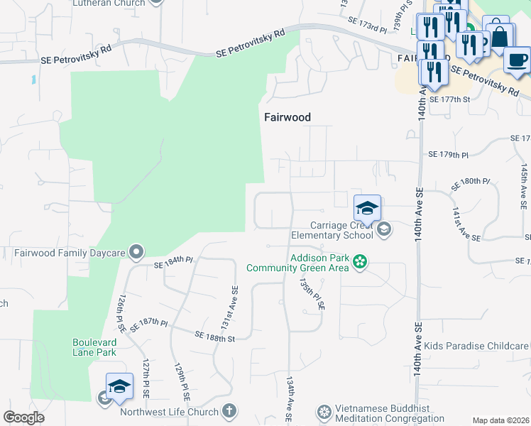 map of restaurants, bars, coffee shops, grocery stores, and more near 18218 133rd Avenue Southeast in Renton