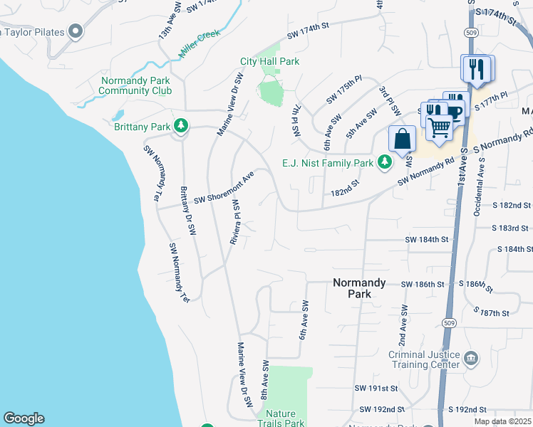 map of restaurants, bars, coffee shops, grocery stores, and more near 18225 8th Avenue Southwest in Normandy Park