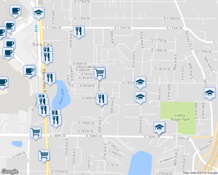 map of restaurants, bars, coffee shops, grocery stores, and more near 18231 38th Avenue South in SeaTac