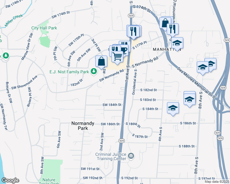 map of restaurants, bars, coffee shops, grocery stores, and more near 18243 1st Avenue South in Burien