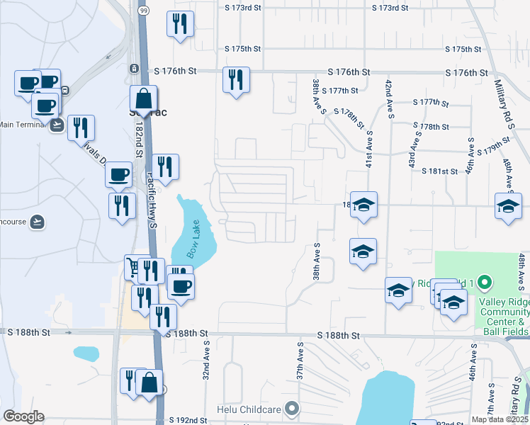 map of restaurants, bars, coffee shops, grocery stores, and more near 3433 South 182nd Place in SeaTac
