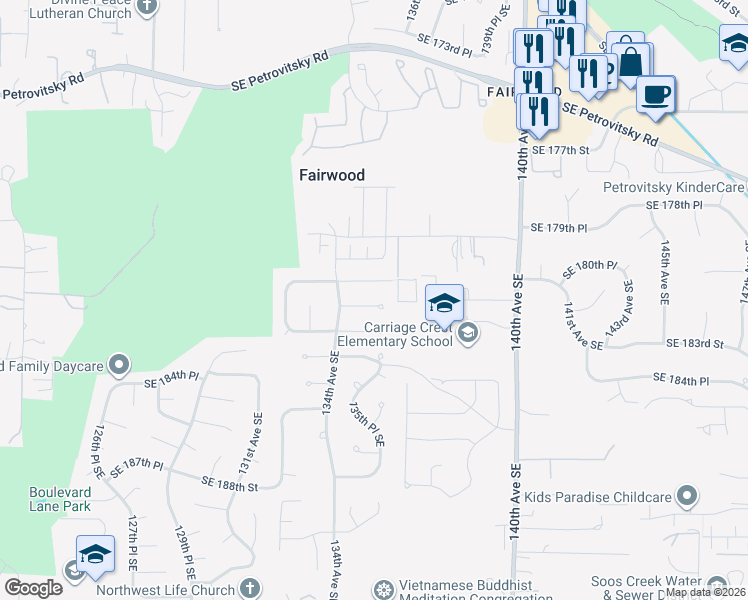 map of restaurants, bars, coffee shops, grocery stores, and more near 13437 Southeast 182nd Street in Renton