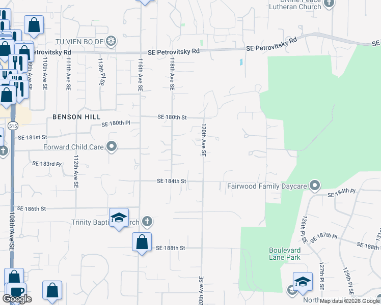 map of restaurants, bars, coffee shops, grocery stores, and more near 18228 118th Avenue Southeast in Renton