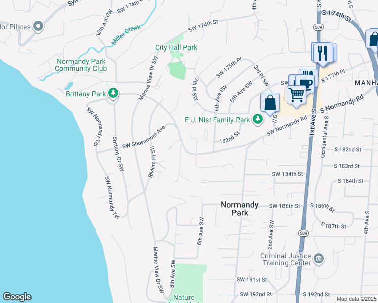 map of restaurants, bars, coffee shops, grocery stores, and more near 703 Southwest Normandy Road in Normandy Park