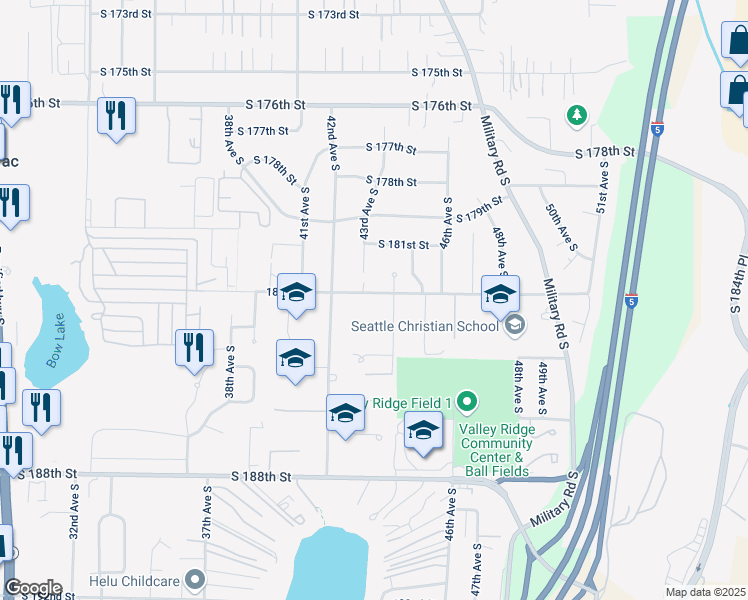 map of restaurants, bars, coffee shops, grocery stores, and more near 4236 South 183rd Street in SeaTac