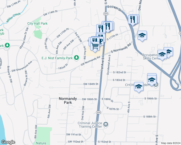 map of restaurants, bars, coffee shops, grocery stores, and more near 18207 1st Avenue South in Normandy Park