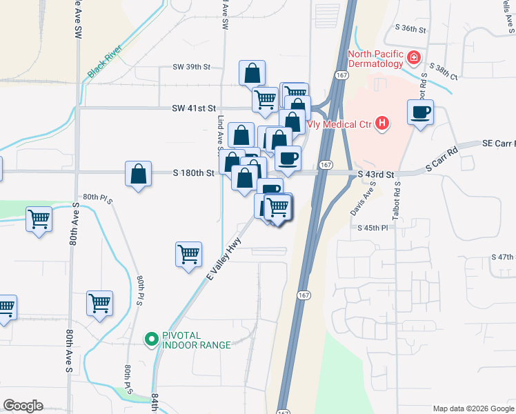 map of restaurants, bars, coffee shops, grocery stores, and more near 18122 East Valley Highway in Kent