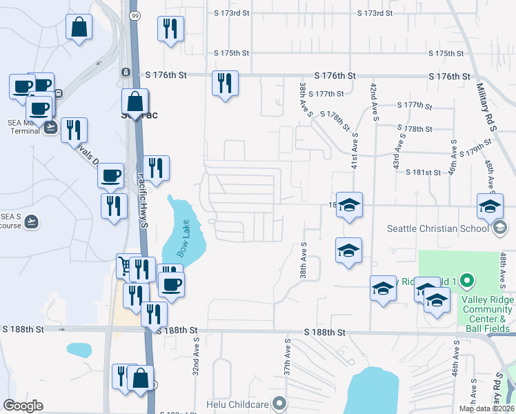 map of restaurants, bars, coffee shops, grocery stores, and more near 18301 35th Avenue South in SeaTac