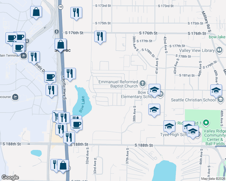 map of restaurants, bars, coffee shops, grocery stores, and more near 18301 35th Avenue South in SeaTac