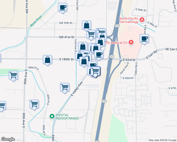 map of restaurants, bars, coffee shops, grocery stores, and more near 18129 East Valley Highway in Kent