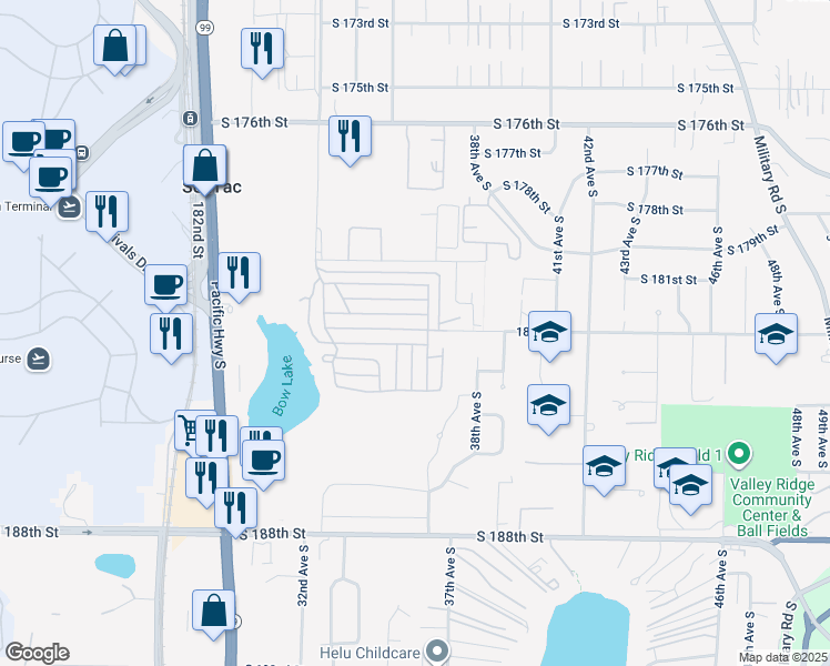 map of restaurants, bars, coffee shops, grocery stores, and more near 3433 South 182nd Place in SeaTac