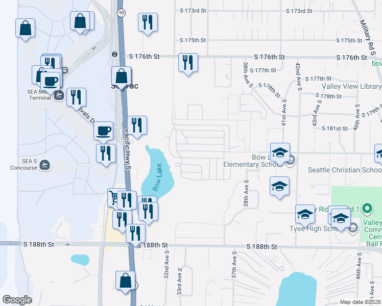 map of restaurants, bars, coffee shops, grocery stores, and more near 3239 South 181st Street in SeaTac