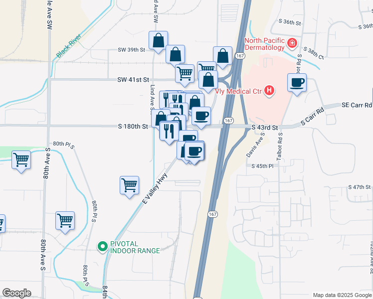 map of restaurants, bars, coffee shops, grocery stores, and more near 18122 East Valley Highway in Kent