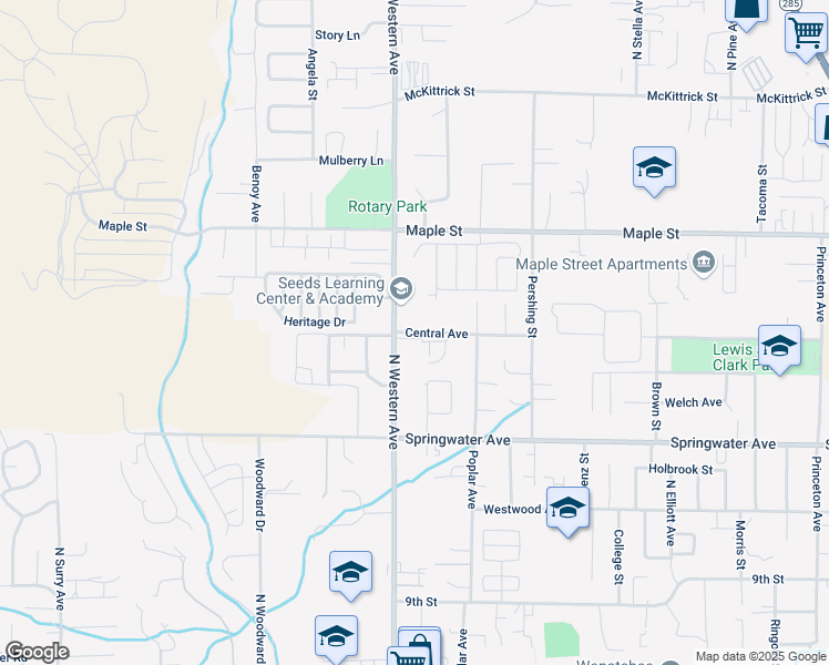 map of restaurants, bars, coffee shops, grocery stores, and more near 1223 North Western Avenue in Wenatchee