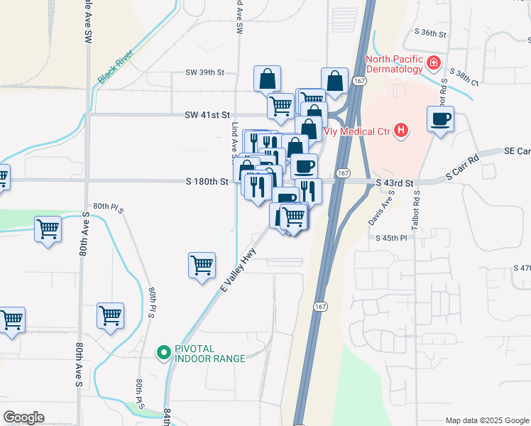 map of restaurants, bars, coffee shops, grocery stores, and more near 18129 East Valley Highway in Kent