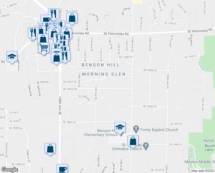 map of restaurants, bars, coffee shops, grocery stores, and more near 11238 Southeast 182nd Street in Renton