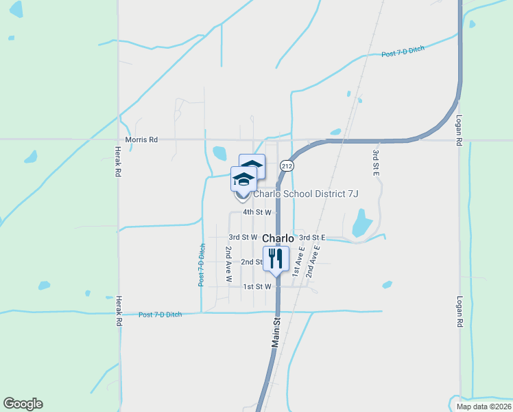 map of restaurants, bars, coffee shops, grocery stores, and more near 53154 1st Avenue West in Charlo