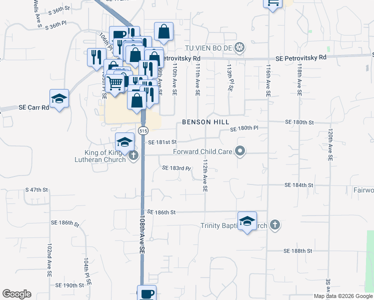 map of restaurants, bars, coffee shops, grocery stores, and more near 11020 Southeast 181st Street in Renton