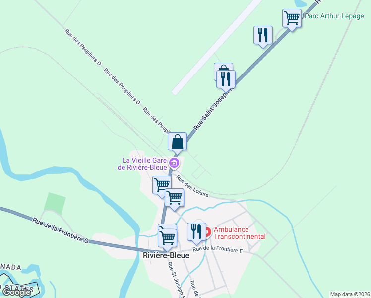 map of restaurants, bars, coffee shops, grocery stores, and more near 21 Rue des Peupliers Ouest in Rivière-Bleue
