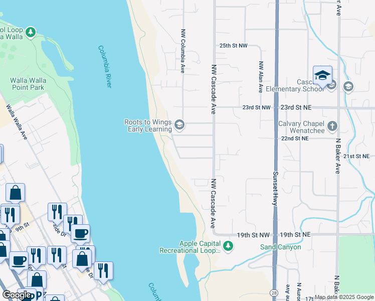 map of restaurants, bars, coffee shops, grocery stores, and more near 213 Broadmoor Street in East Wenatchee