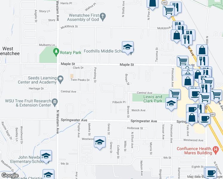map of restaurants, bars, coffee shops, grocery stores, and more near 1400 Central Avenue in Wenatchee