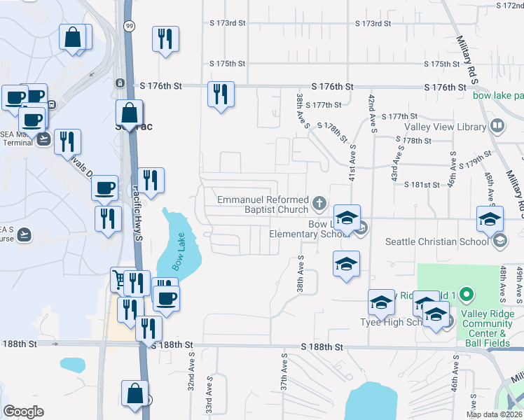 map of restaurants, bars, coffee shops, grocery stores, and more near 18100 36th Avenue South in SeaTac