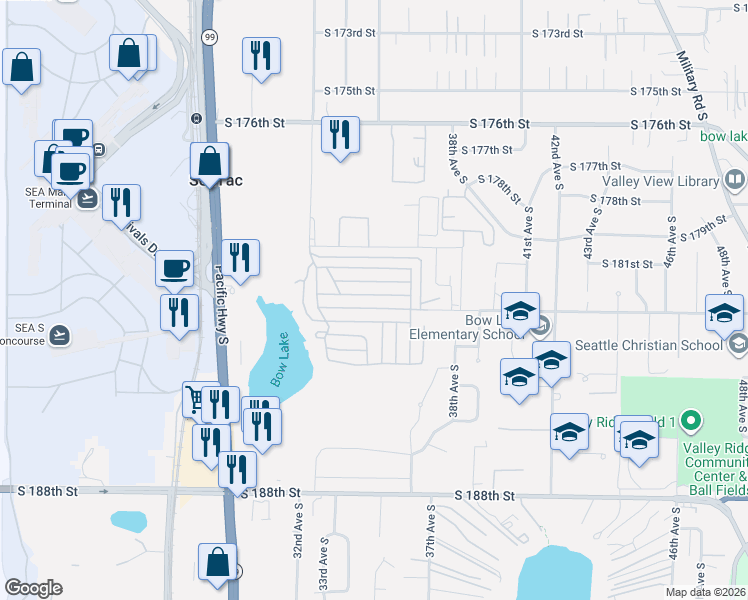map of restaurants, bars, coffee shops, grocery stores, and more near 3407 South 181st Street in SeaTac