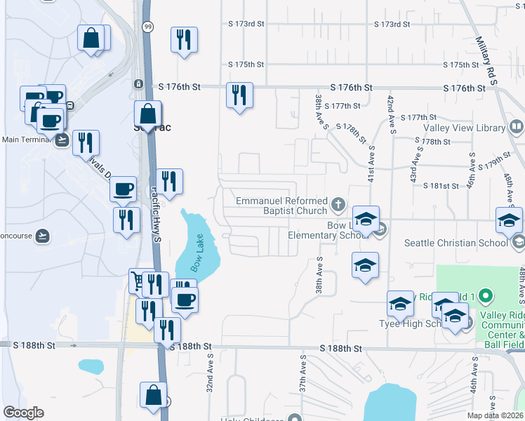 map of restaurants, bars, coffee shops, grocery stores, and more near 3407 South 181st Street in SeaTac